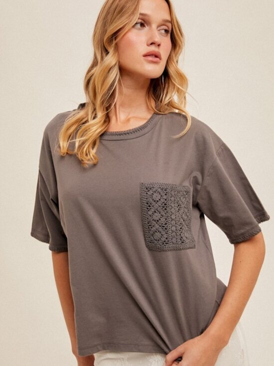 Hem & Thread Tops - NWT Hem & Thread Stitch Detailed Crochet Pocket T-Shirt in Charcoal (S/M/L)